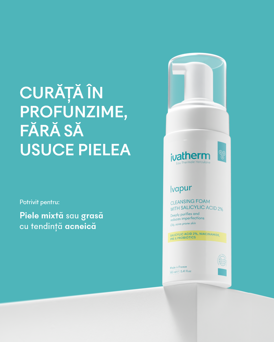 Ivapur Spumă de Curățare cu Acid Salicilic 2% pentru ten gras și cu tendință acneică, 160 ml