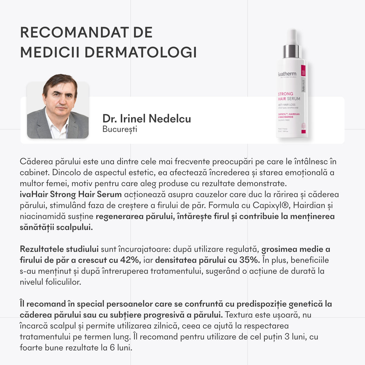 Dermatolog explicând evaluarea căderii părului și utilizarea ivaHAIR Strong Hair Serum
